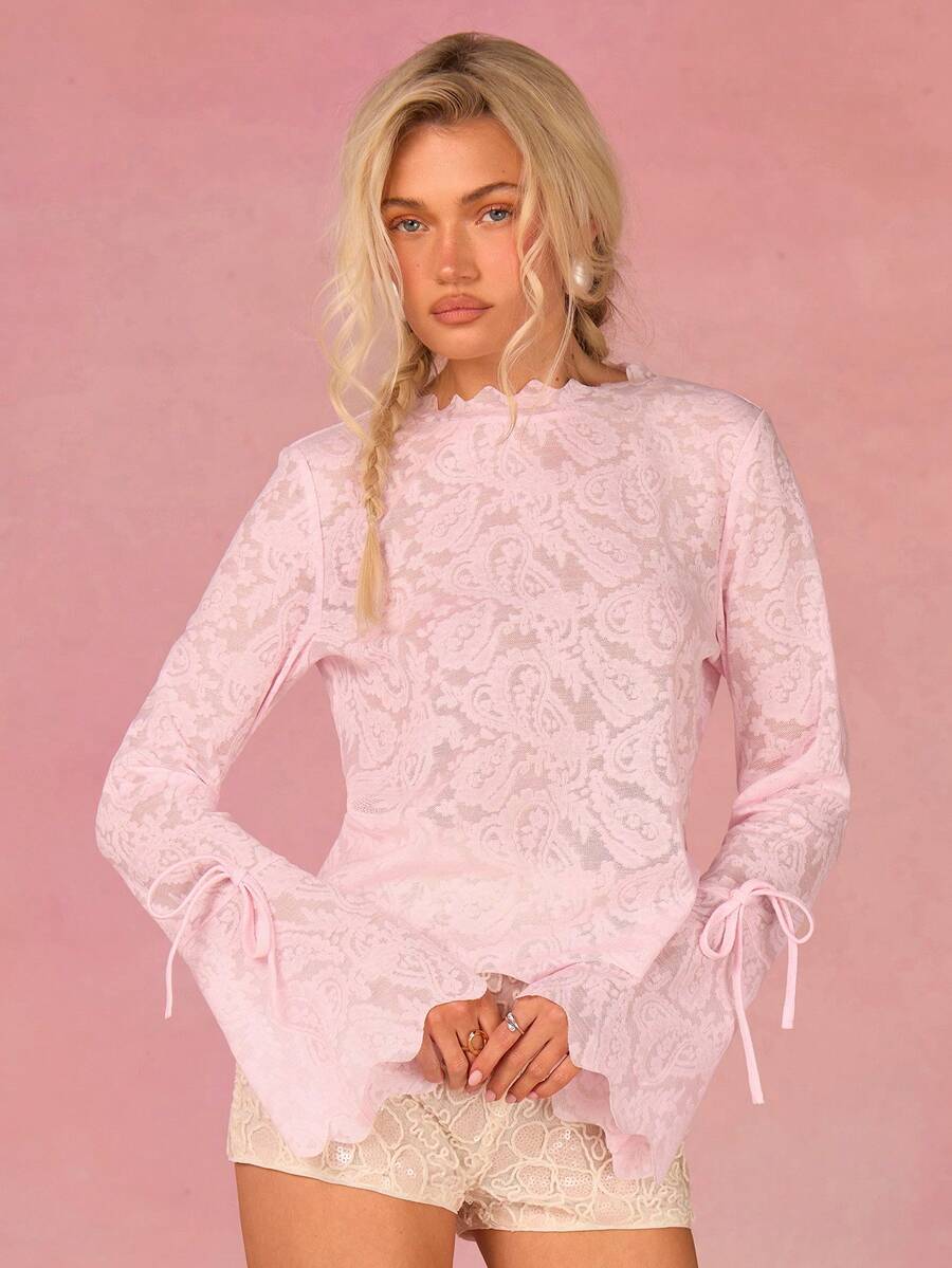 Athîral 女士春夏休闲度假长款喇叭袖提花针织粉色衬衫 - 粉色 - 查看 1