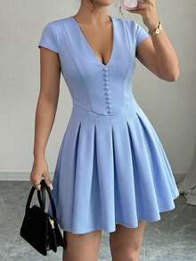 Selianne Vestido de mujer elegante con recogido en la cintura y botones, vestido de uso diario con estilo - Azul - Ver 1