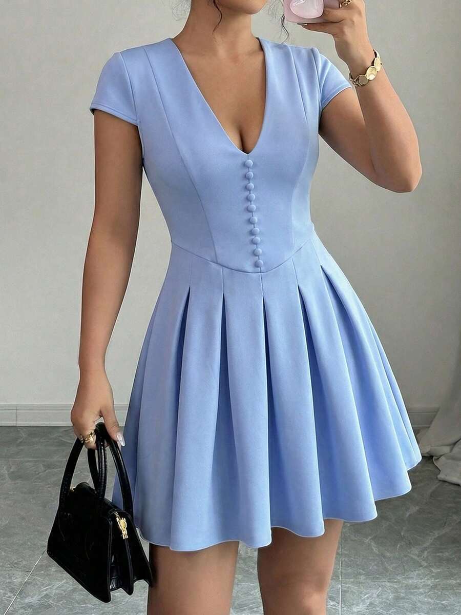 Selianne Vestido de mujer elegante con recogido en la cintura y botones, vestido de uso diario con estilo - Azul - Ver 1