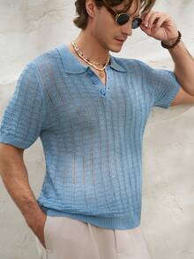 TONEVAULT Men's Solid Color Polo Collar Short Sleeve Casual Knit Top, Spring/Summer - Blue - View 4