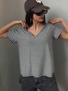 Livesso Women's V-Neck Striped Casual Versatile Daily Wear Short Sleeve T-Shirt - Black and White - View 6