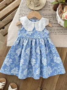 LMoss Kids Đầm casual không tay họa tiết hoa nhí cho bé gái, cổ Peter Pan. - Màu xanh lam - Xem 3