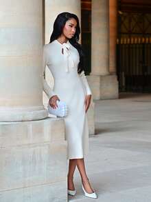 Mima John 新款时尚优雅高品质女士针织毛衣裙，百搭秋季 - 米色 - 查看 3