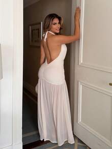 Maria Perezxox Sexy minimalistisches einfarbiges gelb-cremefarbenes Maxikleid mit tiefem V-Ausschnitt, Neckholder, körperbetonter Raffung, geeignet für Party, Cocktail, formelle Anlässe, Brautjungfer, Geburtstag, Weihnachten, Business-Casual, elegantes Damenkleid - Aprikosenfarben - Übersicht 2
