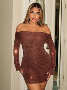 Maria Perezxox Sexy Damen Kleid mit Raffungen und Strass für den Herbst, geeignet für tägliche Dates, Ausflüge, Nachtclubs, Partys, Cocktailveranstaltungen, Y2K Urlaubsoutfits, Valentinstag, Abendmode - Kaffeebraun - Übersicht 1
