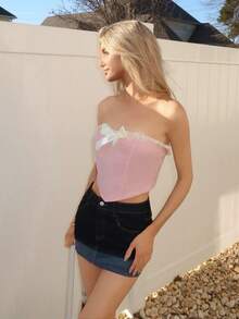 Sydney Algeri 浪漫粉色紧身胸衣约会夜上衣蝴蝶结前褶饰边头巾下摆短款抹胸上衣 - 淺粉色 - 查看 5