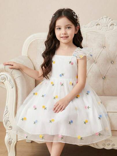 Souflis Souflis Un vestido lindo y sin mangas con flores bordadas para niñas pequeñas, perfecto para uso casual diario, vacaciones y salidas al parque.