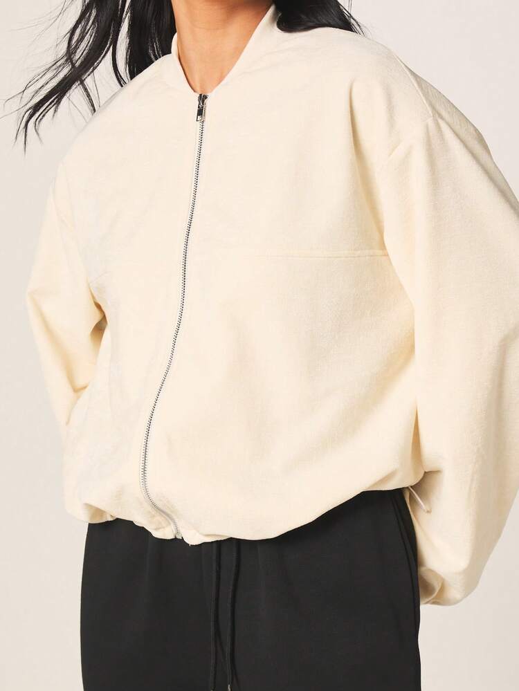 MISSGUIDED Veste bomber texturée crème pour femmes avec fermeture éclair avant et bande élastique à la taille pour un style casual en superposition