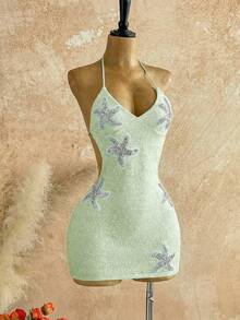 Soleia 女士性感度假风亮片海星拼接露背系带紧身迷你连衣裙，不含腰带 - 杏色 - 查看 6