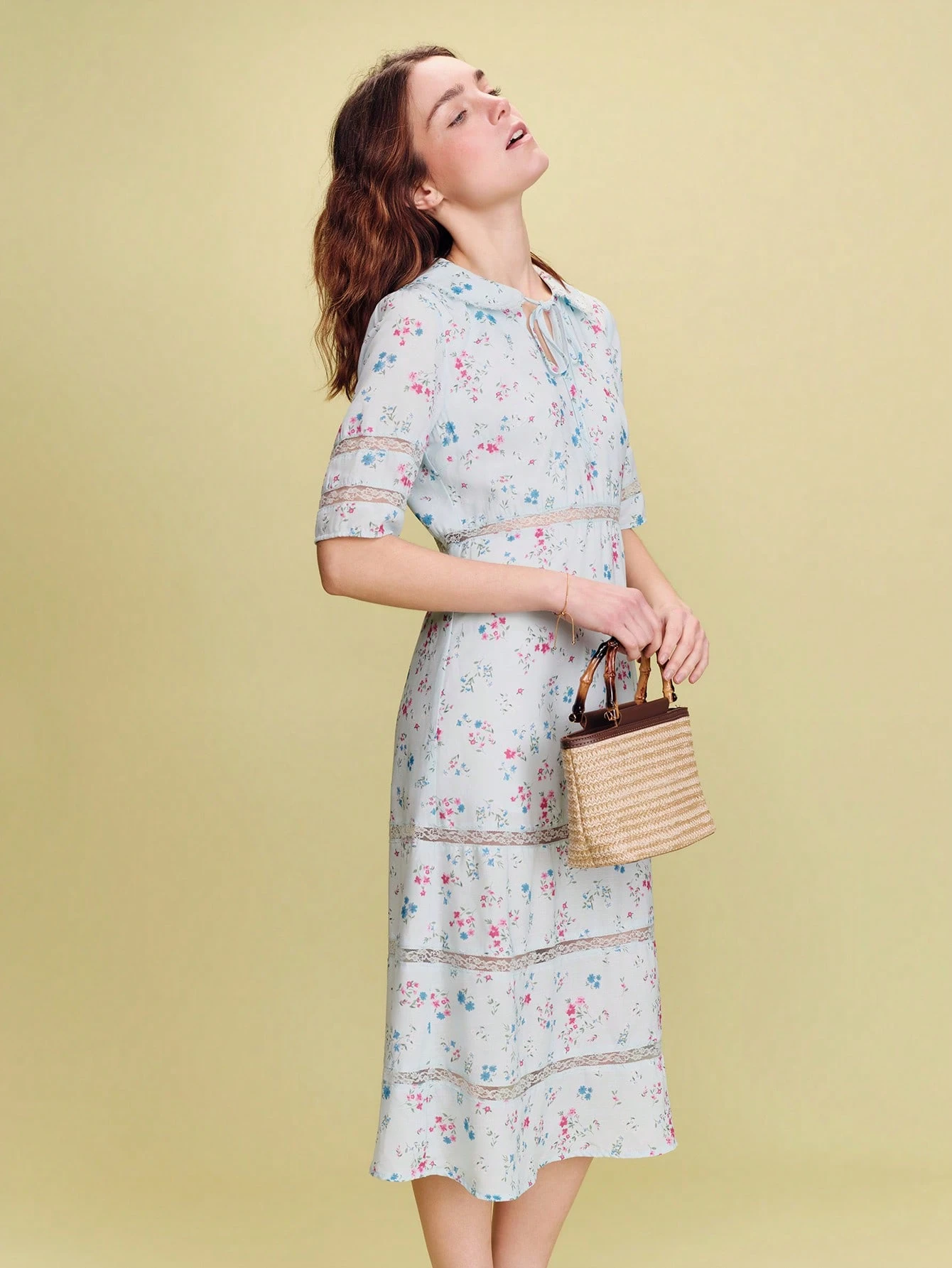 Sky Blue Fitted Midi Dress With Floral Print And Lace Details, Spring-Summer Style Spring Summer French Style Parisian Style Holiday Dress Vacation Dress Wedding Guest Dress