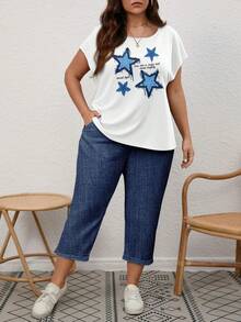 EMERY ROSE Casual Nautical Style Blue Star & Letter Print Plus Size 2 Pieces Set, Suitable For Summer Vacation - Multicolor - View 6