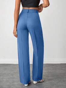 SHEIN Petite Size Women Solid Color High Waist Straight Leg Pants For Everday Wear - Dusty Blue - View 2