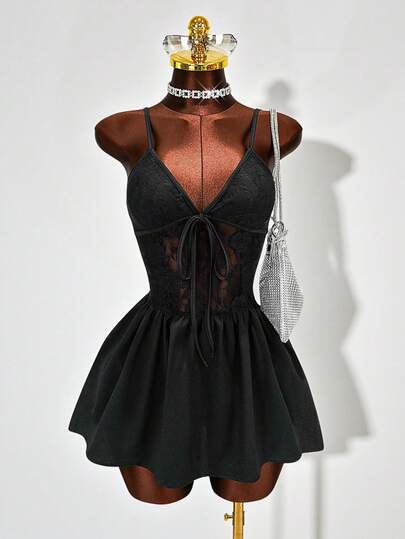 Mistrie Summer New Black Lace Patchwork Tie-Up V-Neck Backless A-Line Mini Dress, Suitable For Date Night, Clubbing, Or Sexy Nightwear