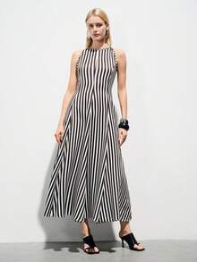 Aveloria Modichic Elegent Summer Black And White Checkered Blue Striped Sleeveless High Neck Fitted Waist A-Line Dress,Smooth Stretchy Fabric,Brunch Business Gala Party - Black and White - View 3