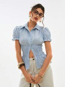 Poéselle 女士格子荷叶边单排扣时尚百搭日常衬衫 - 藍色 - 查看 5