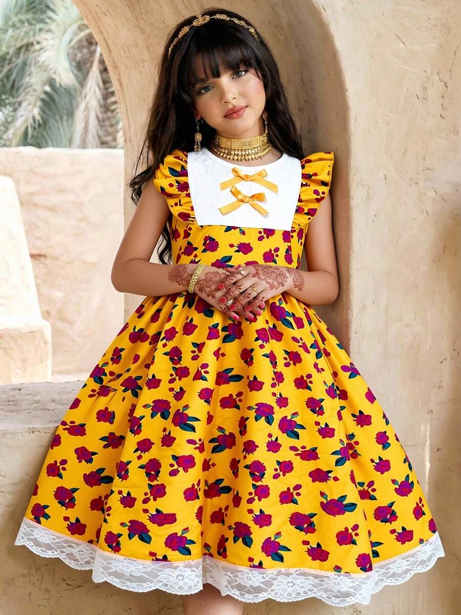 Young Girls Yellow Floral Dress With Blue Butterfly,Summer 7th Birthday Outfit,White Lace Patchwork Sleeveless Ruffle Hem Vintage Tea Party Sundress - Yellow - View 1