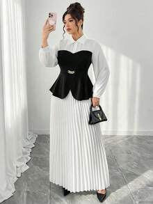 Elenzga Bộ đồ hai mảnh vải dệt kim màu tương phản cỡ lớn, cổ áo dài tay, thắt eo, viền chữ A, dáng chữ A, áo nữ + chân váy dài xếp ly, thanh lịch cho các buổi đi chơi, hẹn hò, tụ tập, đi làm, thường ngày - Đen và trắng - Xem 3