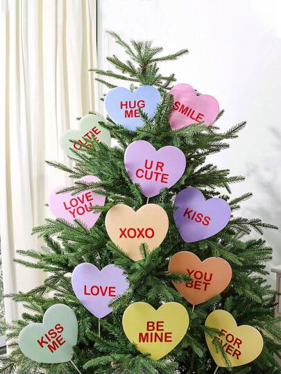 情人节装饰树挂件：大型糖果心形树饰，可爱甜蜜对话心形挂饰标签，适合用作情人节树顶装饰、家居和婚礼装饰