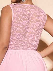 Cravure Vestido elegante y de moda con cuello en V, cintura recogida y corte evasé, con aplicaciones de encaje, sin mangas, adecuado para primavera y verano, tallas grandes - Rosa - Ver 8