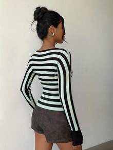 Aloruh 女士秋冬新款高领长袖黄色条纹修身罗纹毛衣 - 薄荷綠 - 查看 2