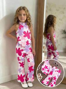 Emery Rose Kids Set de 2 piezas de top sin mangas de punto con estampado floral y pantalones acampanados para niña joven - Rosa Fucsia - Ver 1