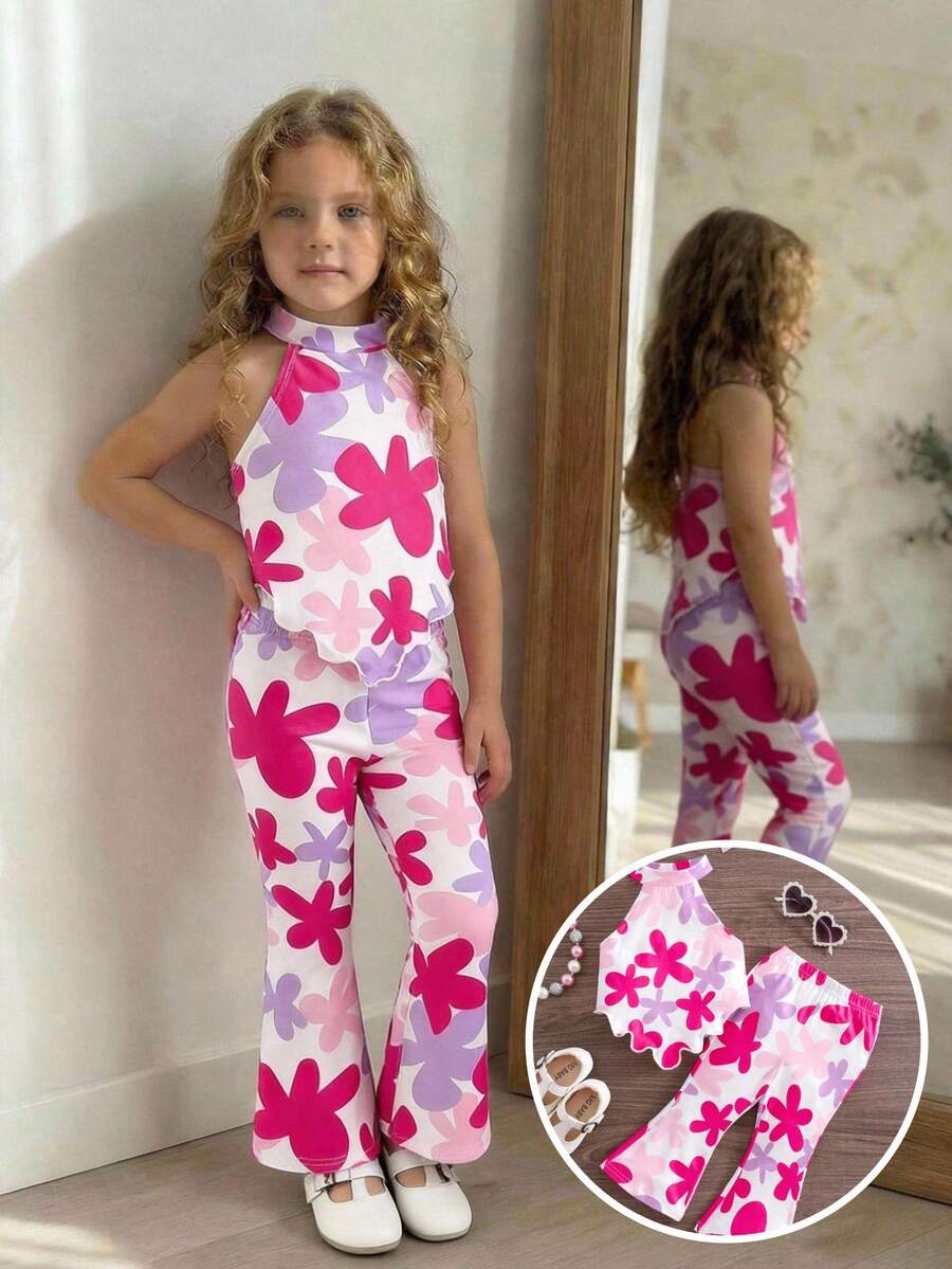 Emery Rose Kids Set de 2 piezas de top sin mangas de punto con estampado floral y pantalones acampanados para niña joven - Rosa Fucsia - Ver 1