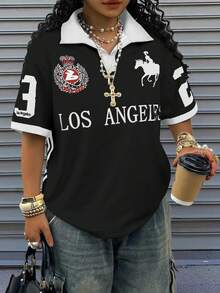 Rovax Áo thun nữ tay ngắn cổ polo in chữ, phối viền tương phản, phong cách thường ngày mùa hè. - Nhiều màu - Xem 3