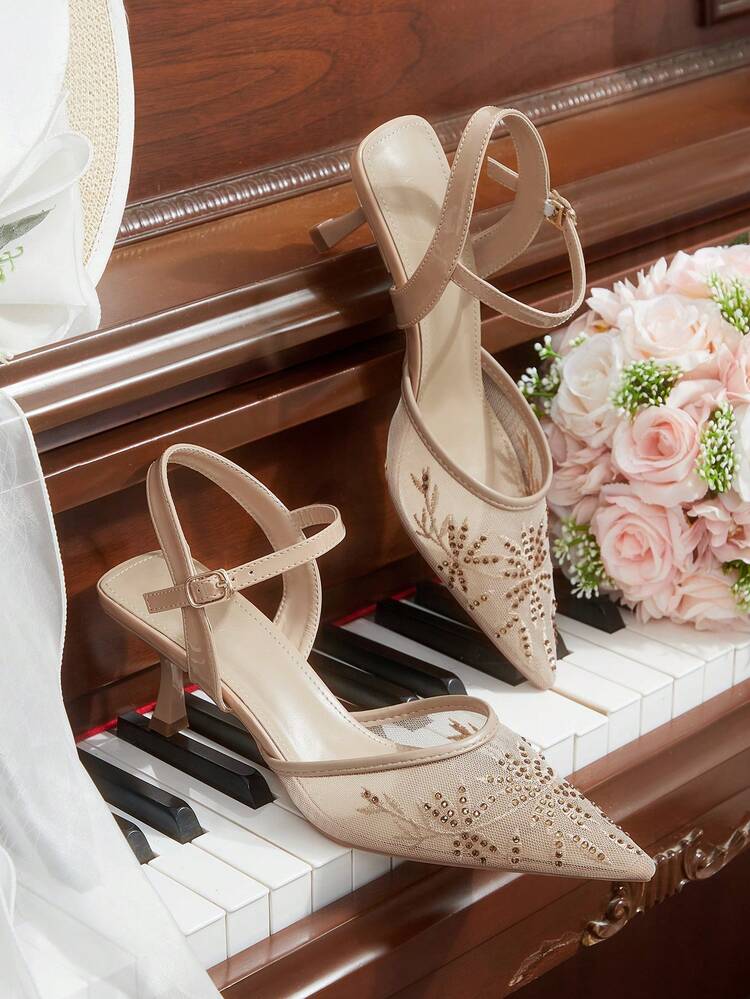 CUCCOO HITCHD Women's Summer/Summer New Pointed Toe Khaki Mesh Rhinestone Ankle Strap Stiletto Heel Fashionable Versatile Sexy High Heel Sandals Wedding Shoes Summer Shoes Bride Shoes