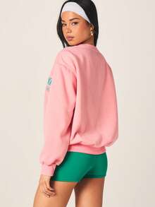 MISSGUIDED Sudadera oversize de cuello redondo de manga larga en color rosa con estampado de logotipo en turquesa, para el verano - Rosa - Ver 3