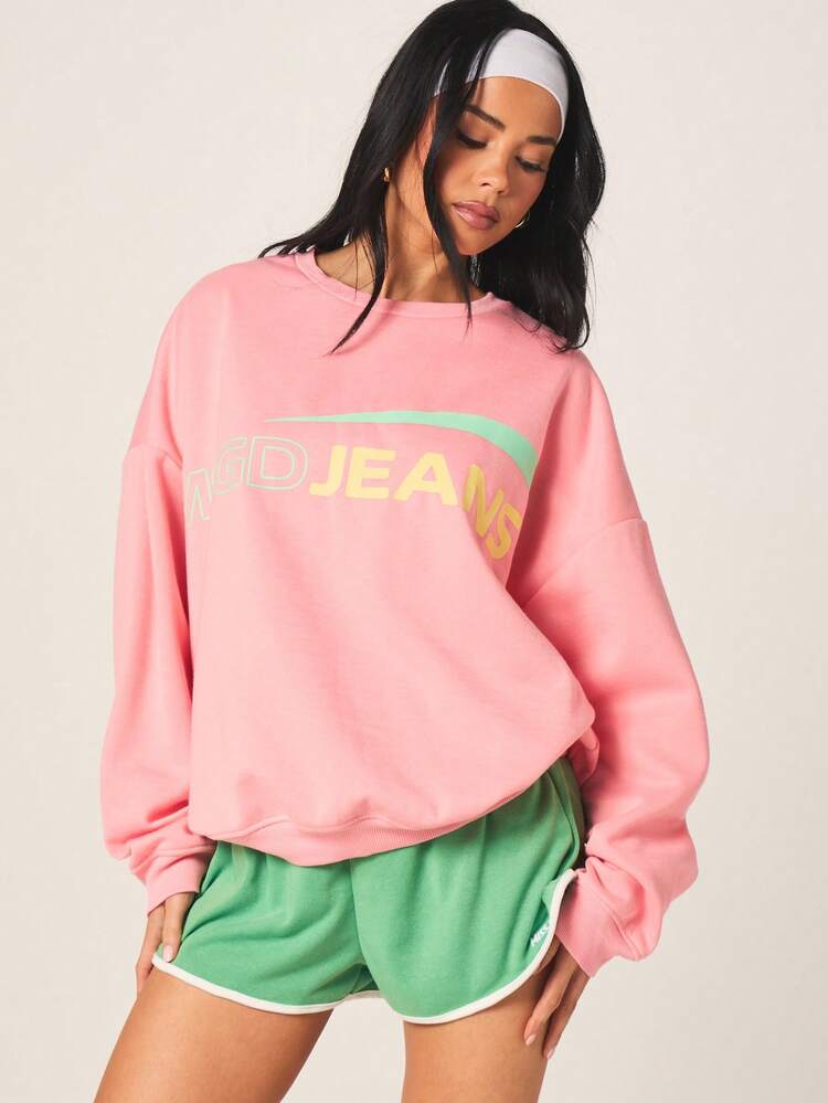 MISSGUIDED Women's Oversized Pink Sweatshirt With MSGD Jeans Green Logo Graphic Crew Neck Long Sleeve Pullover Fall Winter