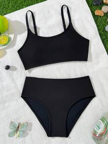 Sparklyn Teen Girls Casual Ribbed Black Bikini Sets, Fashionable Swimwear Suitable For Swimming, Vacation, Summer - Black - View 3