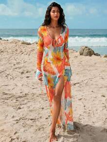 Opulessa 女士针织网眼印花开衩下摆V领长袖连衣裙 - 彩色 - 查看 6