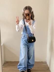 SHEIN 少女休闲宽松阔腿蓝色牛仔背带裤，带口袋 - 淺色水洗藍 - 查看 4