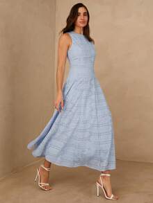 Enchnt Vestido elegante de mujer con cintura ceñida y bordado, adecuado para fiestas y eventos - Azul - Ver 3