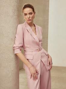 MOTF PREMIUM LINEN MINIMALIST ELEGANT DOUBLE WAISTBAND DESIGN BLAZER, SPRING/SUMMER - Pink - View 7