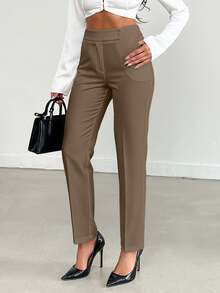 Women's Solid Color High Waist Casual Loose Pants - Mocha Brown - View 6