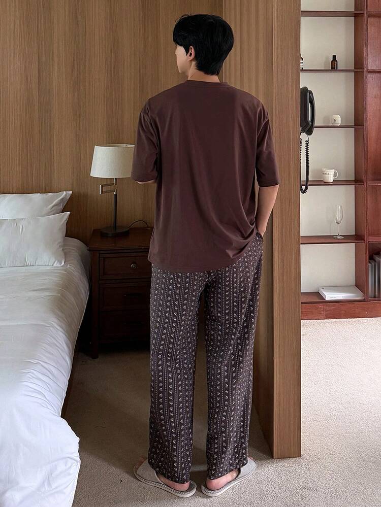 Men's Short Sleeve Letter Print Pajama Set With Pants, For Spring/Summer