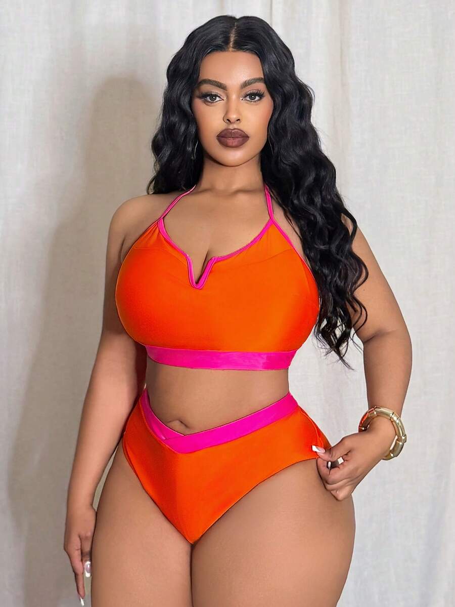 Slaydiva 大码女式撞色拼接两件式霓虹比基尼泳装 - 橘色 - 查看 1