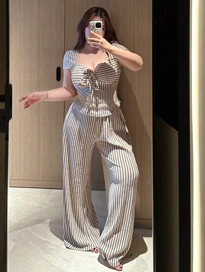 Vibekara Casual Elegant Minimalist Short Sleeve T-Shirt + Wide Leg Striped Jacquard Pants Plus Size Women 2-Piece Set