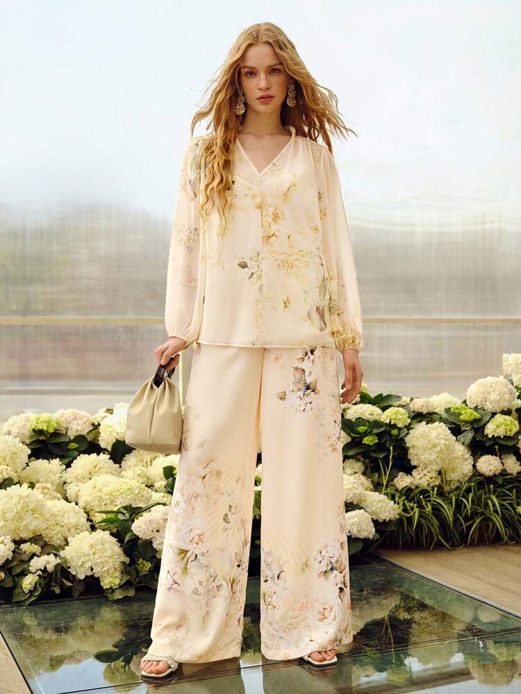 WOMEN'S FLORAL PRINTED RHINESTONE EMBROIDERED LOOSE ROMANTIC LONG SLEEVE BLOUSE, SPRING/SUMMER