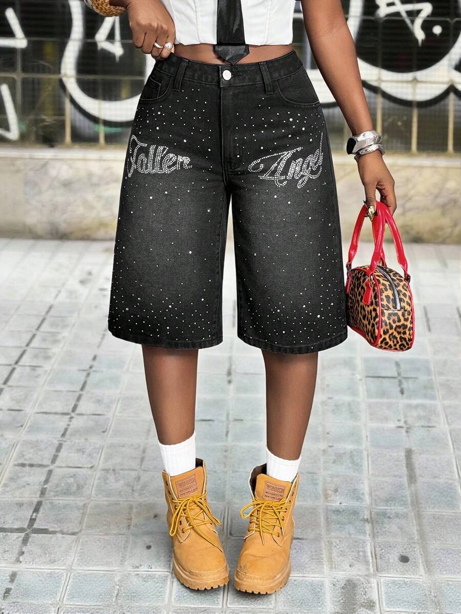 Slaydiva Women's Casual Letter Rhinestone Denim Shorts, Summer - Black - View 1