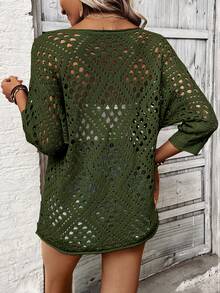 Breezaya Áo dệt kim tay lửng khoét lỗ dáng rộng thoải mái dành cho nữ - xanh quân đội - Xem 2