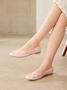 MOTF Zapatos de mujer de estilo retro francés de alta calidad, de piel de PU con remaches, pliegues y punta redonda, suela plana, color rosa, versátiles, elegantes, de fácil deslizamiento, ligeros, antideslizantes y de moda sencilla - Rosa - Ver 5