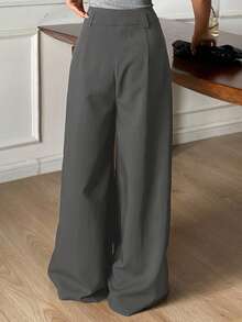 DAZY Women's Pleated Wide Leg Pants, Loose Solid Color Elegant Trousers For Spring & Autumn - Light Grey - View 2