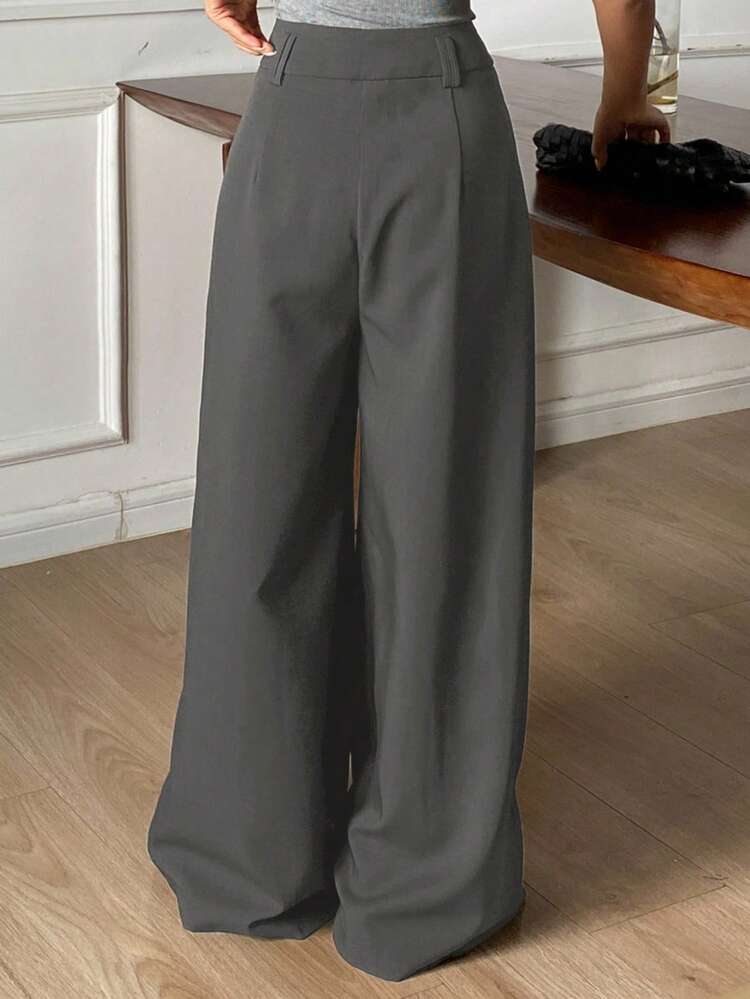Women's Pleated Wide Leg Pants, Loose Solid Color Elegant Trousers For Spring & Autumn