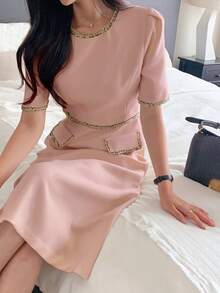 DAZY 女士圆领收腰中长连衣裙，优雅通勤风夏季连衣裙 - 粉色 - 查看 1