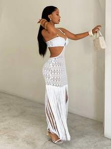 SHEIN BamGlam Đầm mùa hè gợi cảm màu trắng, chất liệu ren dệt họa tiết, dáng dài ngang gối, có bèo nhún ở gấu, thích hợp cho các bữa tiệc. Đầm ren, gấu bèo nhún, kiểu dáng gợi cảm, trang phục dự tiệc. Thích hợp cho kỳ nghỉ biển, có đính hạt cườm trên vai. - Màu be - Xem 6