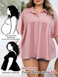 SHEIN CURVE+ Taglie curvy US22 Blusa stile francese con bottoni frontali, adatta per festival musicali, vacanze al mare, stile bohémien estivo. Tessuto confortevole e strutturato, casual e ampia, maniche corte, ideale per vacanze, spiaggia, laurea, tea festa, uscite. - Rosa antico - Visualizzare 2