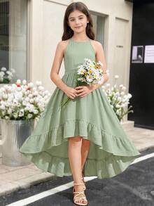 SHEIN Vestido sin mangas con volantes en el bajo para niña preadolescente de unicolor - Verde - Ver 2
