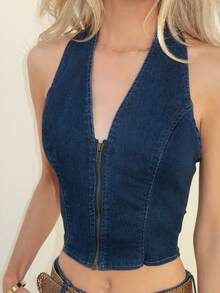 Sydney Algeri 拉鏈開襟繞頸露背牛仔上衣 - 深色水洗藍 - 查看 6